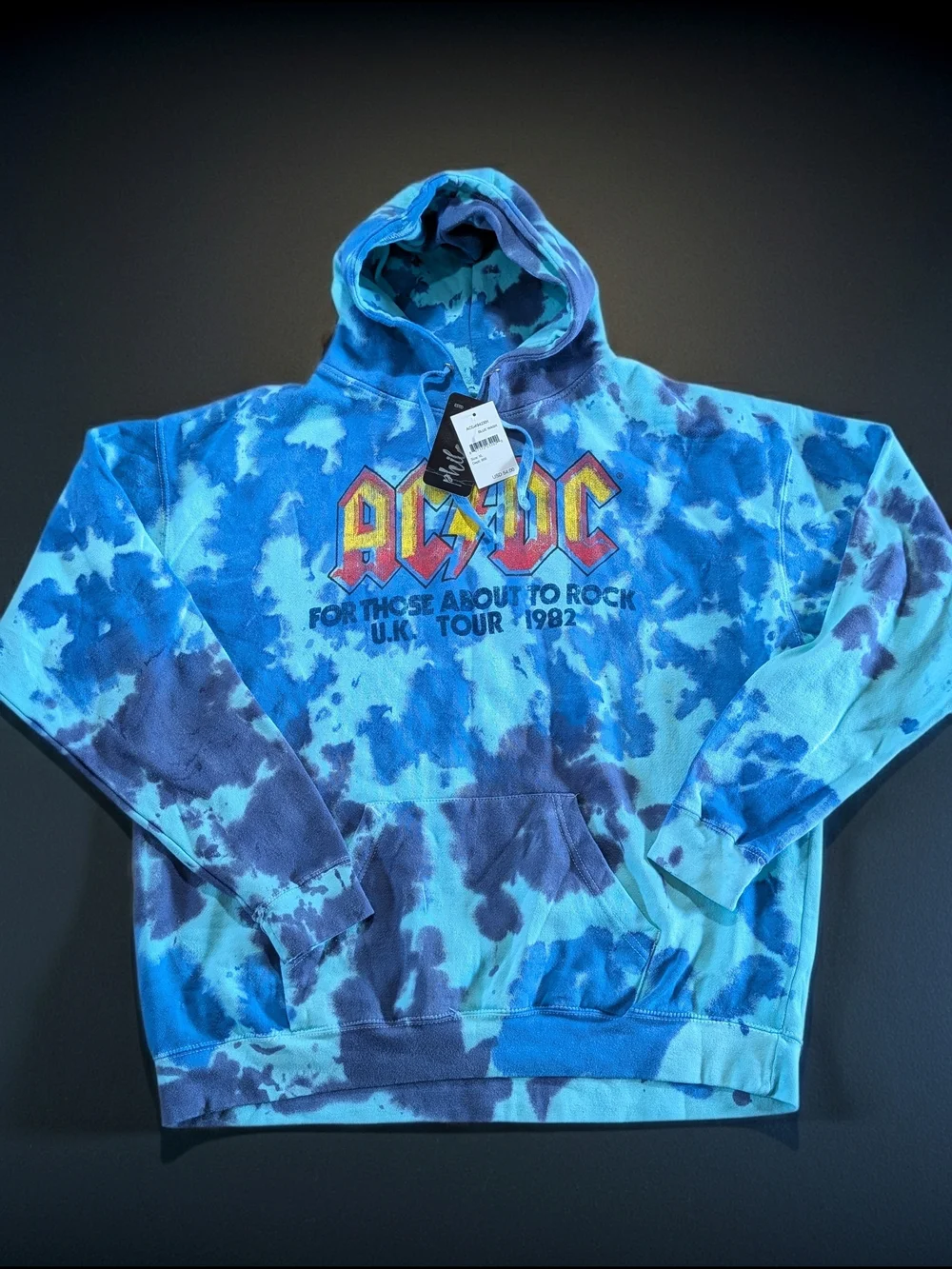 AC/DC For Those About To Rock UK Tour Blue Tie Dye Pullover Hoodie Men's XL - Picture 1 of 5